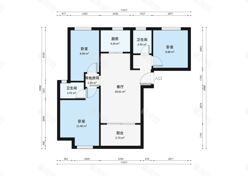 格林泊乐一三期小区3室1厅户型图2
