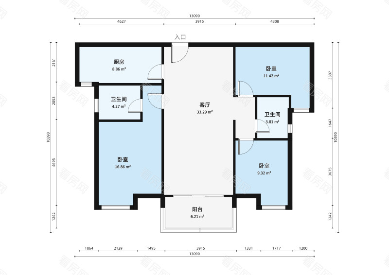 云星公园大观小区3室2厅户型图3