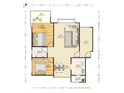 恒立听海花园小区2室2厅1卫户型图2
