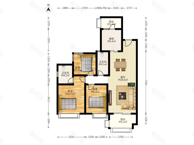 保利时代小区3室2厅2卫户型图12