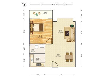 卡罗社区小区1室2厅1卫户型图3